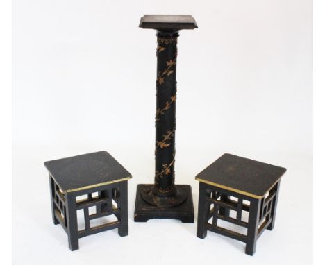 An early 20th century ebonised lamp or vase pedestal, the square moulded top on a cylindrical column, applied with gilt metal