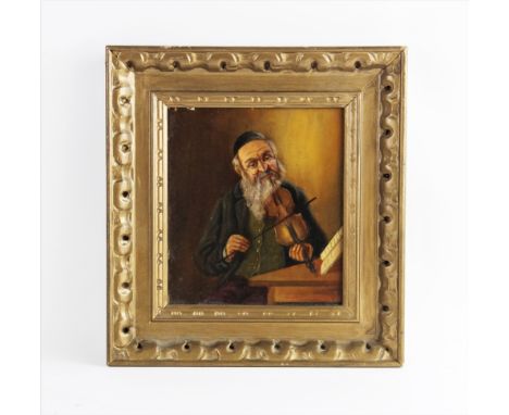 In the manner of Karl Kaufman (Austrian, 1843-1901),  Oil on panel,  Portrait of an old man playing a violin,  Unsigned,  21.