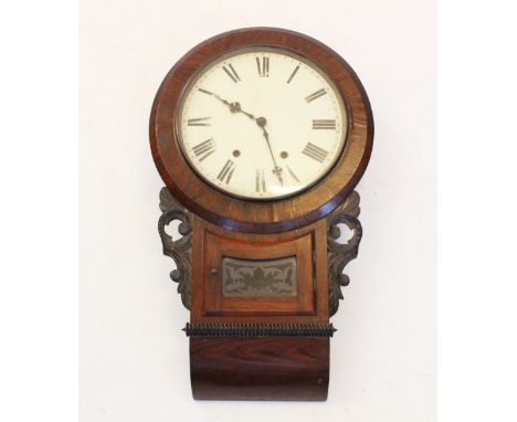 A Victorian rosewood drop dial wall clock, the 30cm painted dial applied with Roman numerals and enclosing a two train moveme