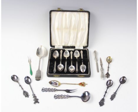 A selection of silver and white metal cutlery, to include a boxed set of six silver teaspoons by Angora Silver Plate Co Ltd, 