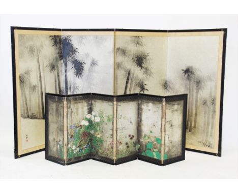 A Japanese four-fold screen/furasaki, 20th century, the rectangular panels decorated against a silver ground with bamboo tree