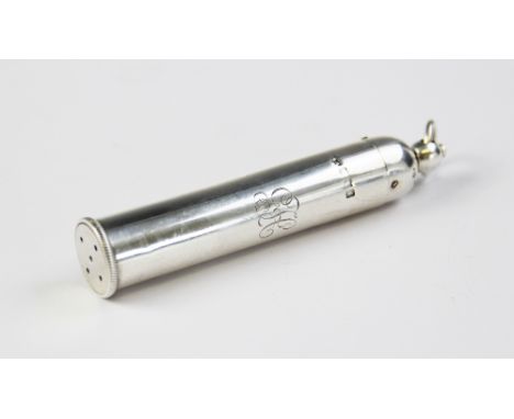 An Edwardian silver thermometer holder, marks for 'NM', London 1906, of plain polished cylindrical form with engraved initial