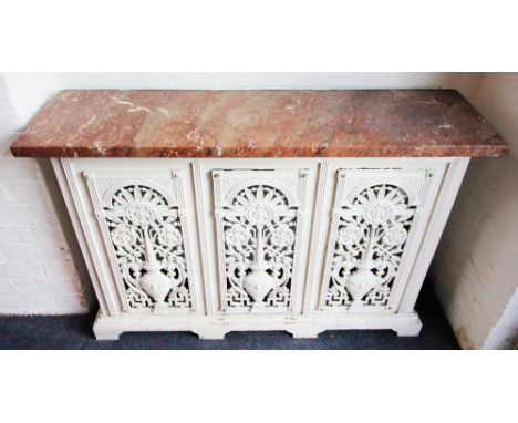 A Victorian Coalbrookdale type cast iron and marble radiator cover, the rectangular rouge marble slab top above three openwor