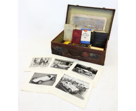 A collection of books and ephemera to a vintage leather case, to include five mounted black and white photographs, Mercedes B