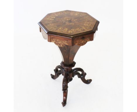 A Victorian inlaid rosewood sewing table, of trumpet form, the octagonal hinged cover enclosing a satin lined compartmentalis