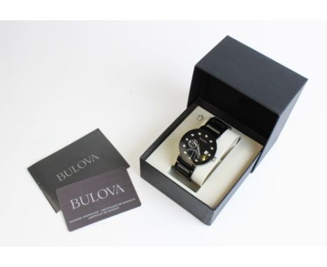 A Bulova 98D109 diamond-accented black stainless steel wristwatch, round black dial with diamond dot markers and subsidiary d