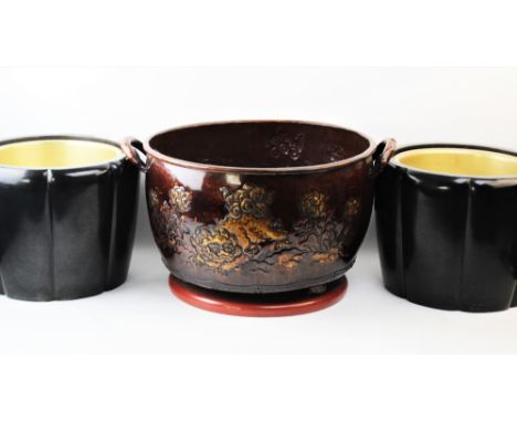A pair of Japanese lacquer hibachi, 20th century, each of lobed form, 31cm wide x 23cm high, along with a parcel gilt embosse