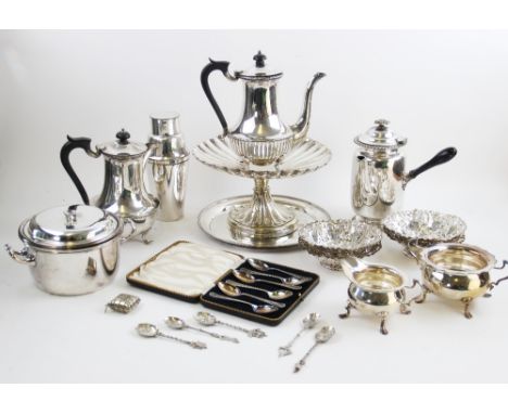 A large quantity of silver plated tableware, to include four pierced bonbon dishes by Mappin &amp; Webb, a matched teapot and