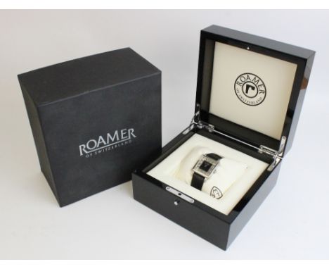 A Roamer Competence MST limited edition stainless steel wristwatch, the square transparent dial with stainless steel baton ma