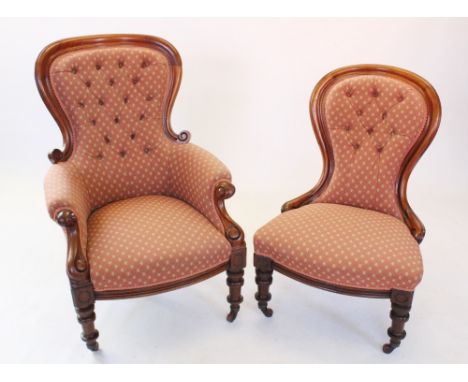 A pair of ladies and gents Victorian mahogany framed drawing room chairs, stamped 'G &amp; C 260 8', the gents chair with a b