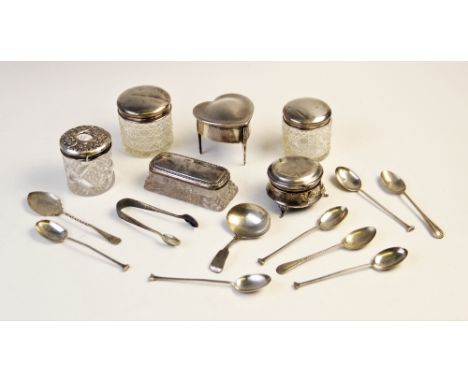 A selection of silver and silver topped dressing table wares, to include a silver mounted heart-shaped box by Levi &amp; Sala