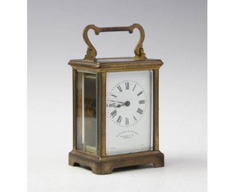 An early 20th century French brass cased carriage timepiece, retailed by Shepheard &amp; Co, 104 Regent St, London, the 5cm w