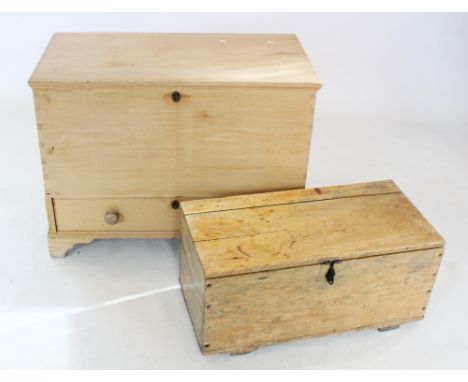 A Victorian and later pine blanket chest, with a fitted candle box above a long drawer applied with hardwood knob handles, ra