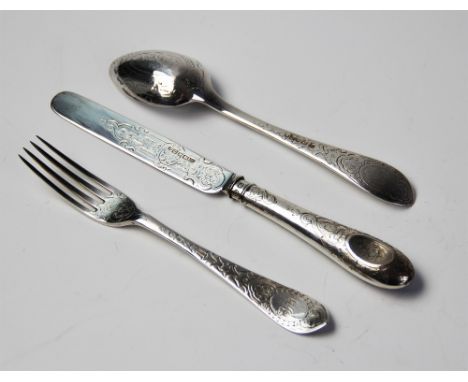 A Victorian silver christening set comprising knife, fork and spoon by Martin, Hall &amp; Co, Sheffield 1858, each with engra