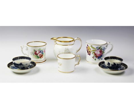 Two Caughley tea bowls and saucers circa 1775, each printed in blue with the Fisherman and Cormorant pattern within gilt bord