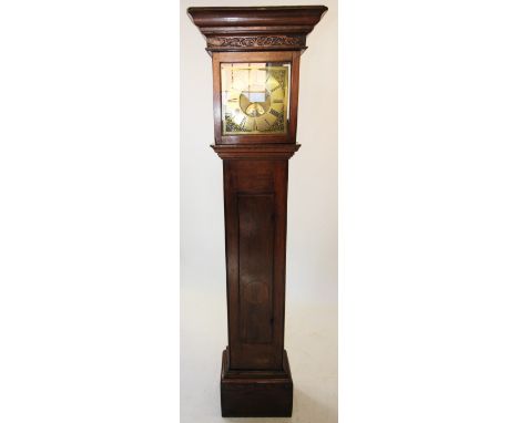 A mid 18th century numbered oak cased single handed long case clock, by W Barnard, Newark, the 28cm square brass dial applied