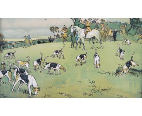 After Cecil Aldin (1870-1935), Six hunting prints on paper, framed together in a line to tell the story of a successful day, 