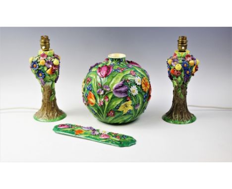 A selection of Booths florally encrusted wares, 20th century, to include; a pair of baluster lamp bases 27cm high, an ovoid e
