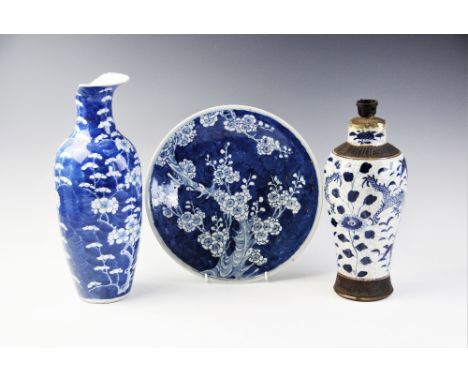 A selection of Chinese blue and white porcelain, 19th century, comprising; four prunus pattern vases, Kangxi four character m