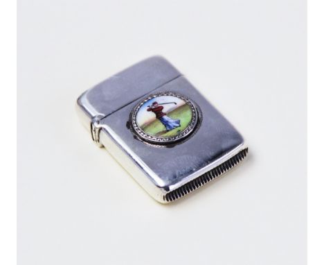 GOLFING INTEREST: A Victorian silver and enamel vesta by David &amp; Lionel Spiers, Birmingham 1887, of rectangular plain pol