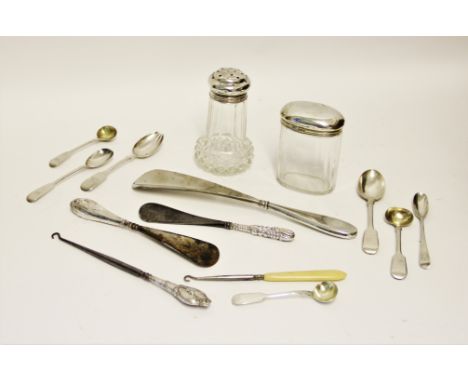 A selection of silver cutlery and dressing tableware, to include a small Edwardian silver dish by William Aitken, Birmingham 