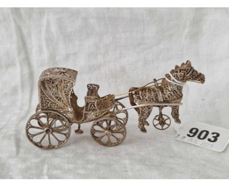 A silver filigree governess carriage and a horse, 4” long