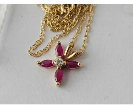 A ruby and diamond pendant on chain, 9ct, 17 inch, 1.3 g