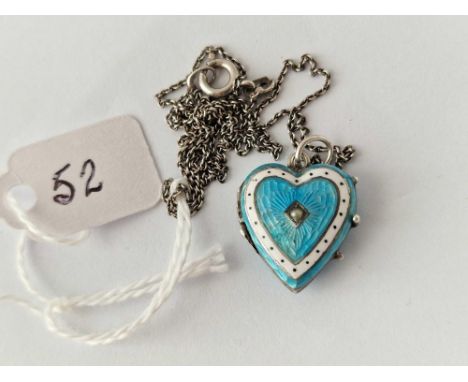 A Victorian silver and enamel heart locket on chain 17 inch AF enamel