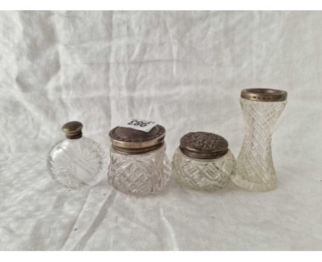 Two silver top jars, a moon shaped scent bottle (A/F hinge) and a vase