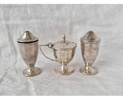 A three piece cruet set with panel sides and pedestal bases, Birmingham