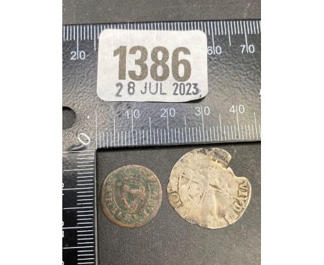 Charles I Irish farthing and a hammered silver coin