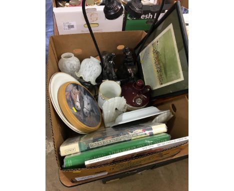 Box to include a horse lamp, race horse pictures and horse related books etc.