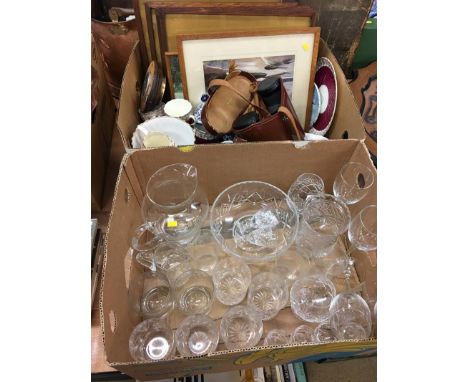 Two boxes of glassware, barometer, binoculars etc.