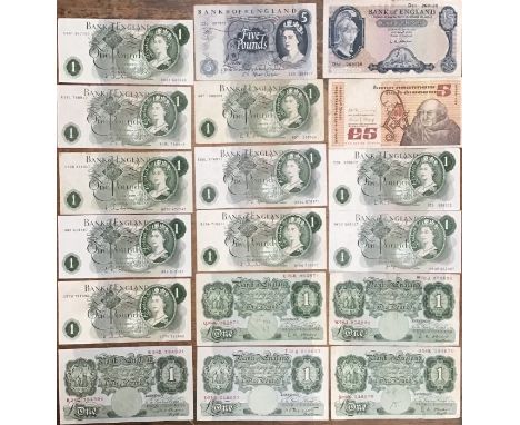 Collection of Bank of England Banknotes, includes £1 Banknotes Peppiatt to Page, 2 x £5 Banknotes of O’Brien and Fforde and a