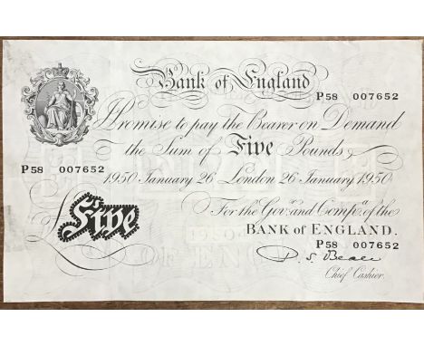Bank of England London 26th January 1950 £5 Banknote with a 1931 copy. (The 1950 has two patches of adhesive on the right of 