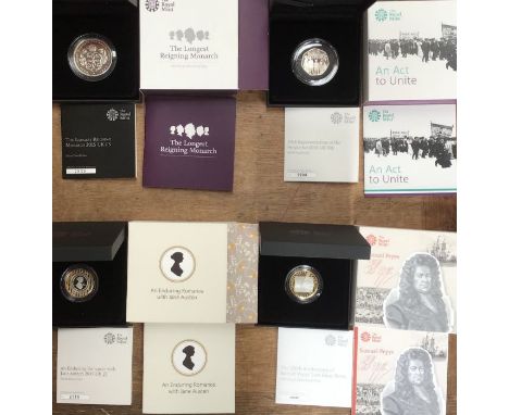 Royal Mint Silver Proof Coins in Original Cases with Certificate of Authenticity, includes 2015 Longest Reigning Monarch £5, 