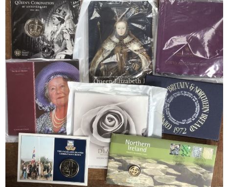 Royal Mint presentation Brilliant Uncirculated Coins in Original folders. Includes 1972 proof year set, Northern Ireland £1 f