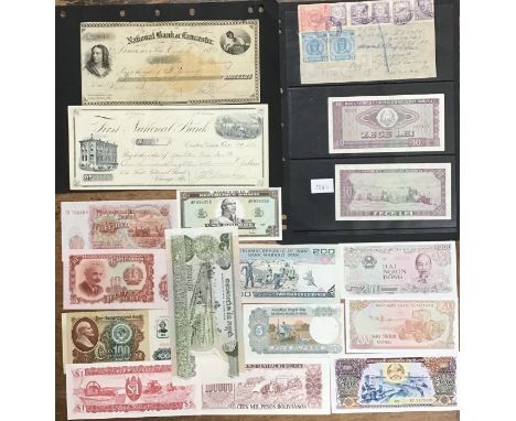 American cheques; with other bank notes. includes 1872 Cheque for National Bank of Lancaster United States Federal Revenue. 1