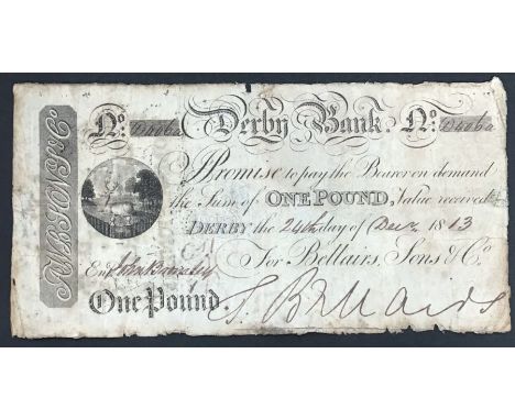 1813 Derby Bank £1 Banknote Number D406a dated 24th December 1813, back stamp to reverse and light pencil mark, small nicks t
