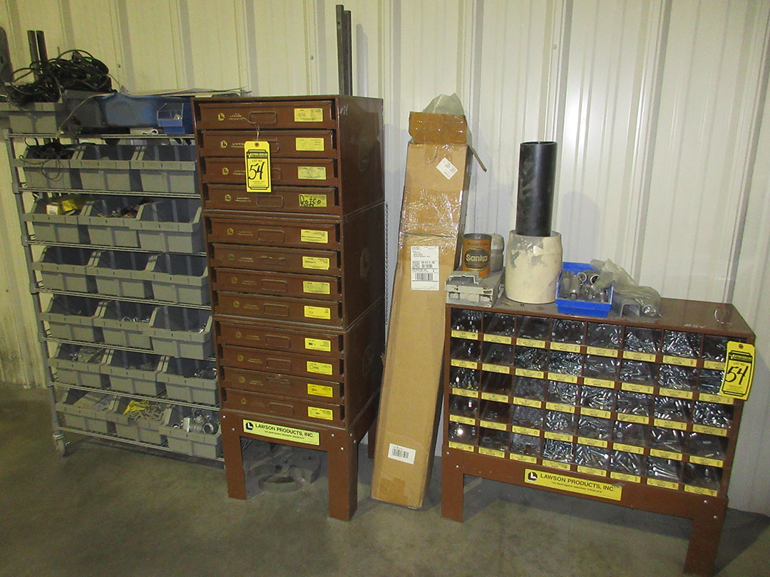(2) LAWSON PRODUCTS BOLT BINS WITH CONTENTS; BOLTS, NUTS, WASHERS, SELF TAPPING SCREWS, TERMINALS