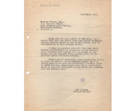 FLEMING IAN: (1908-1964) British Author, creator of James Bond. T.L.S., with his initials IF, one page, 4to, London, 23rd Jul
