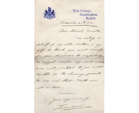 EDWARD VIII: (1894-1972) King of the United Kingdom January - December 1936. Later Duke of Windsor. A.L.S., Edward, as Prince