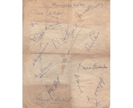 MANCHESTER UNITED: A sheet of plain 4to notepaper individually signed by sixteen members of a Manchester United team from the
