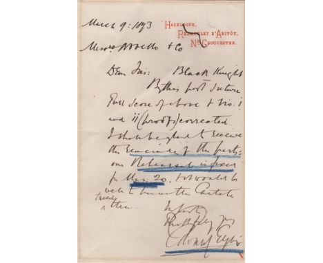 ELGAR EDWARD: (1857-1934) English Composer. A.L.S., Edward Elgar, one page, 8vo, n.p., 9th March 1893, to a Gentleman, to Mss