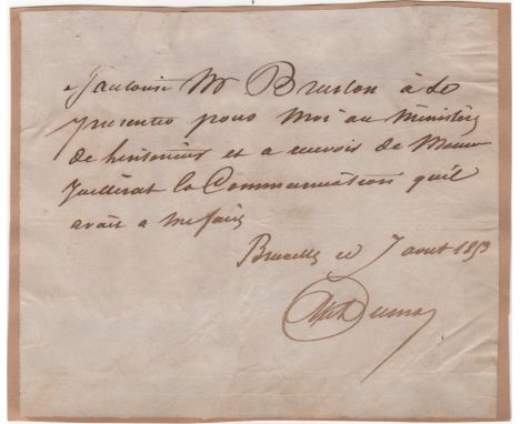 DUMAS ALEXANDRE: pere(1802-1870) French Writer whose works include The Three Musketeers (1844). D.S., Ale. Dumas, one page, o