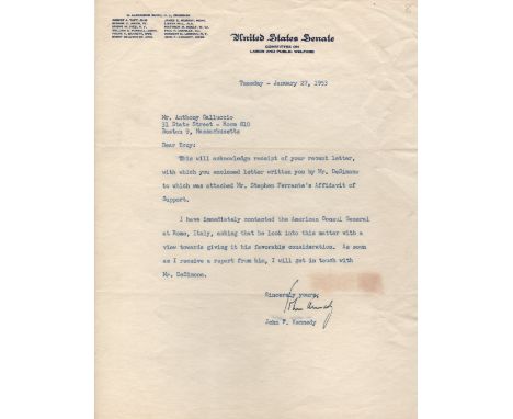 KENNEDY JOHN F.: (1917-1963) American President 1961-63. Assassinated. T.L.S., John Kennedy, one page, 4to, n.p., 27th Januar