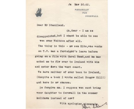 DU MAURIER DAPHNE: (1907-1989) British Author. T.L.S., Daphne du Maurier, one page, 8vo, Menabilly, Par, Cornwall, 30th May 1