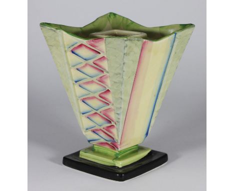 A Myott. Son &amp; Co flower vase of square tapering form, on stepped base, decorated with blue, pink and green glazes, shape