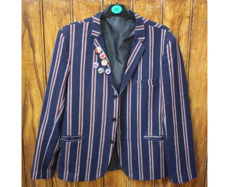 A Mens vintage navy blue and red boating blazer 1979-80, with six original MOD badges, silk inner lining, slight rip inside (