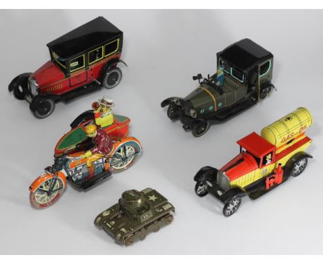 A small collection of assorted lithographed, clockwork tinplate toys by Paya toys comprising a motorcycle and sidecar, a chau